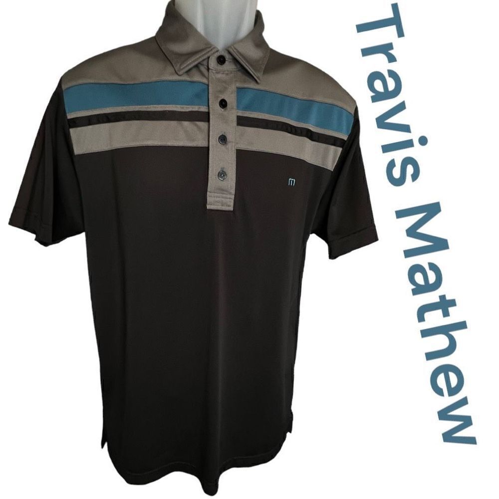 Travis Matthew Men's Striped Short Sleeve Golf Polo Shirt Black Gray Medium